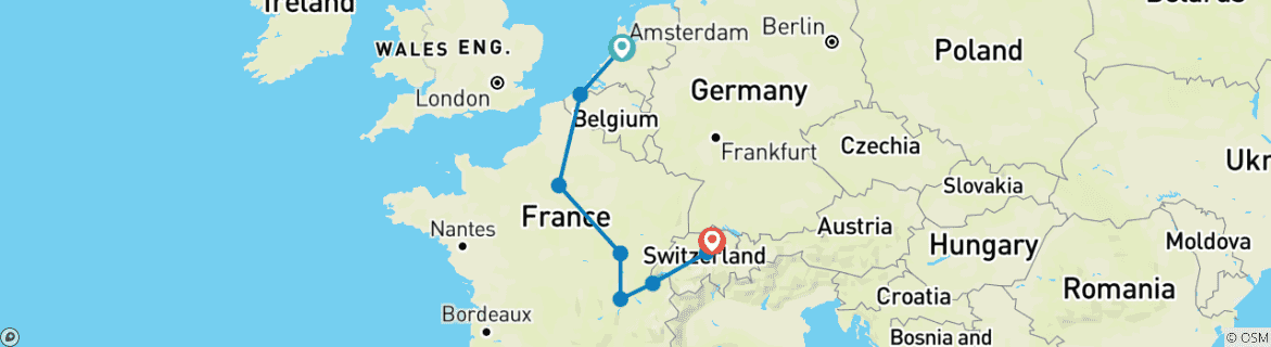 Kaart van Gewenst einde Europa Zürich (inclusief Brugge)