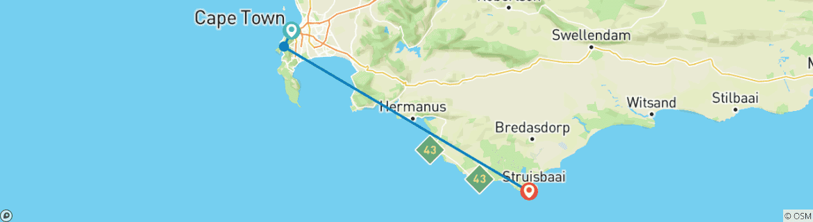 Kaart van 3Daagse Tuinroute Big 5 safari tour met kleine groep vanuit Kaapstad & privé rondleiding bezoek aan Kaap Agulhas