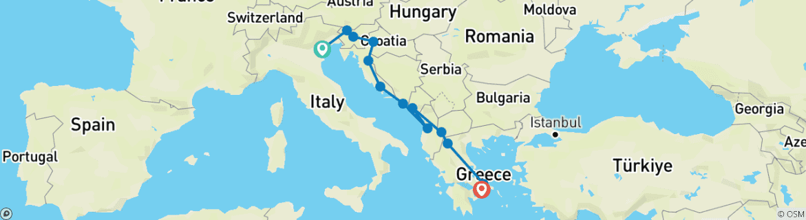 Image of a map showing the route of the tour