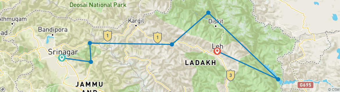 Image of a map showing the route of the tour