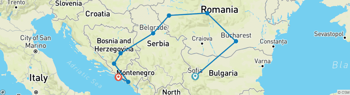 Image of a map showing the route of the tour