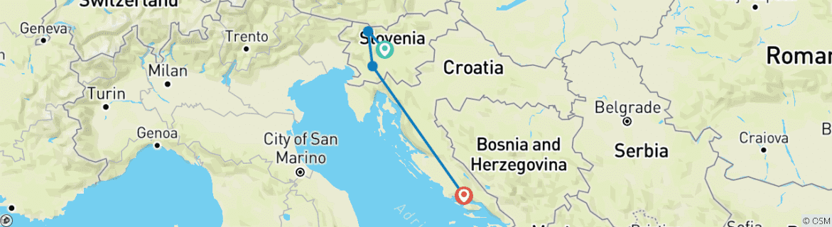 Mapa de Expreso de la Costa - Pasarela eslovena de Liubliana a Split