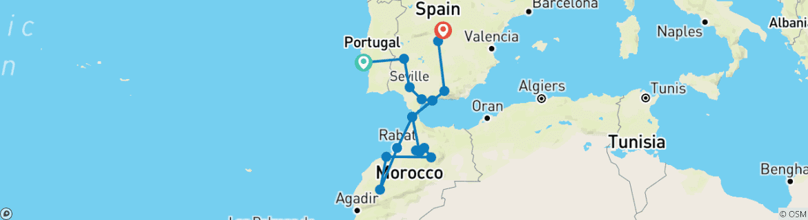 Mapa de Lisboa, Andalucía y Marrakech - 12 días