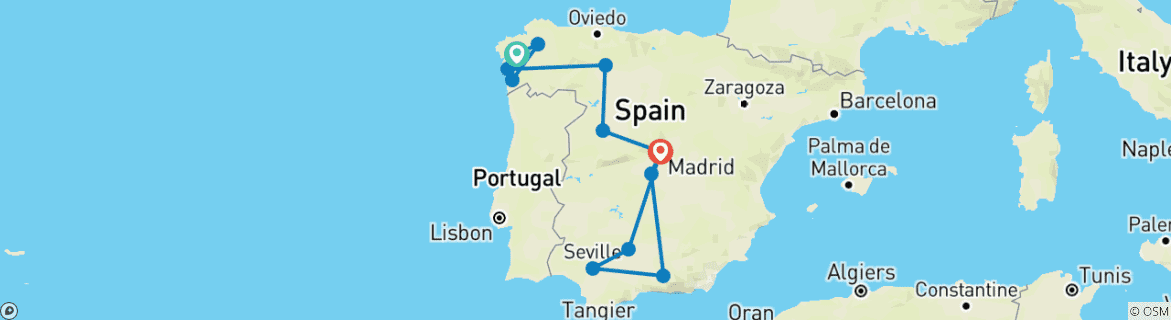 Image of a map showing the route of the tour