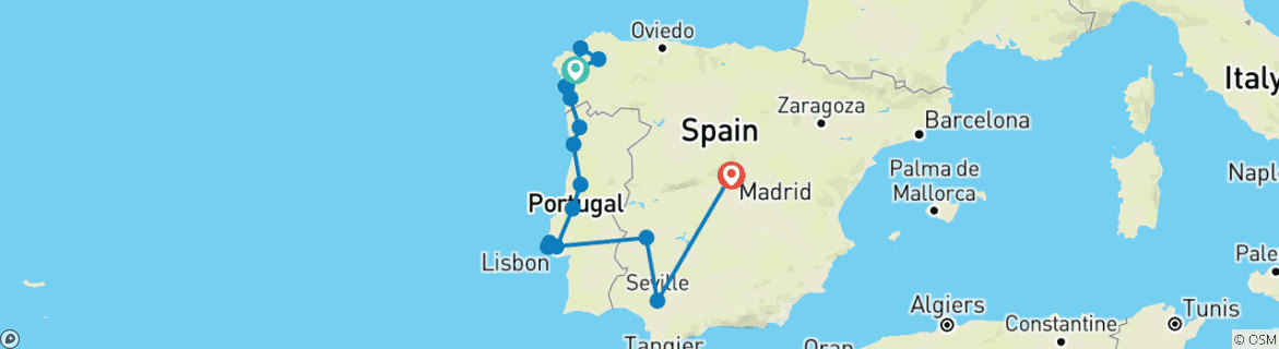 Image of a map showing the route of the tour