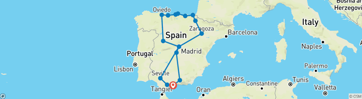 Image of a map showing the route of the tour