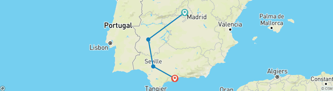 Image of a map showing the route of the tour