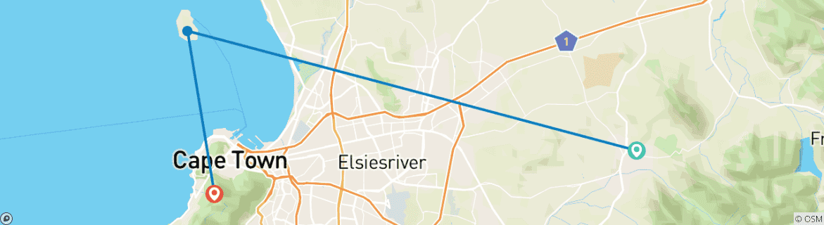 Kaart van 3D-daagse privétour door Kaapstad - Stellenbosch Winelands Hele dag;Robbeneiland en Tafelberg National Park