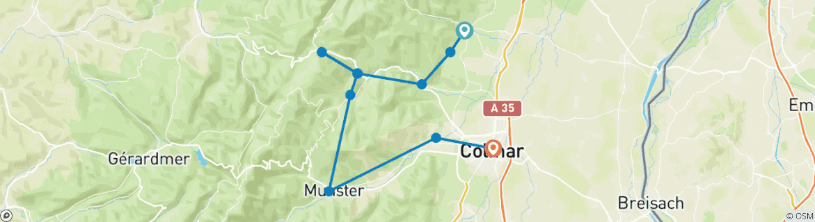 Image of a map showing the route of the tour