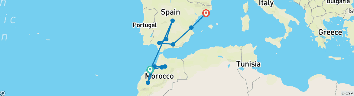 Image of a map showing the route of the tour