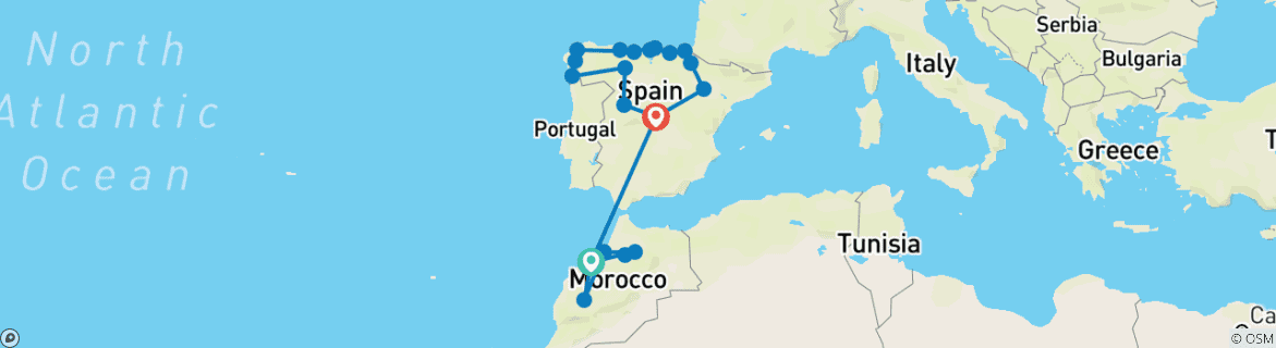 Image of a map showing the route of the tour