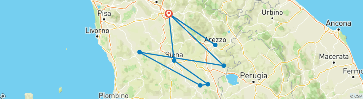 Image of a map showing the route of the tour