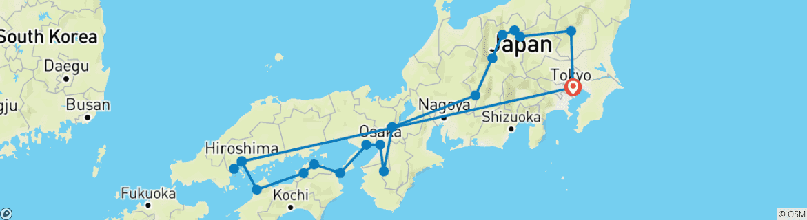 Image of a map showing the route of the tour