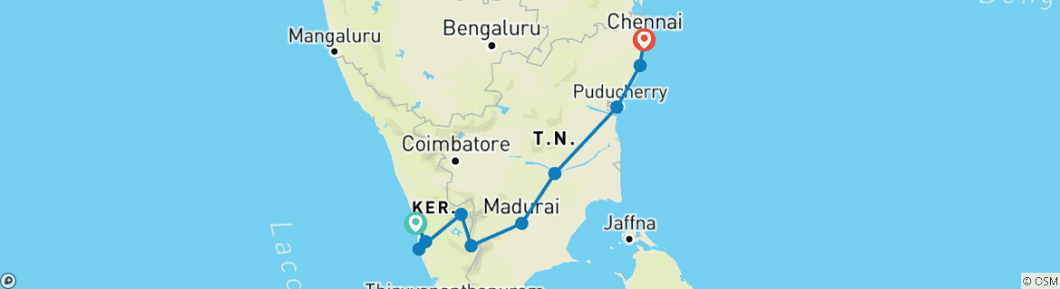 Image of a map showing the route of the tour
