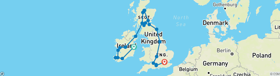 Image of a map showing the route of the tour