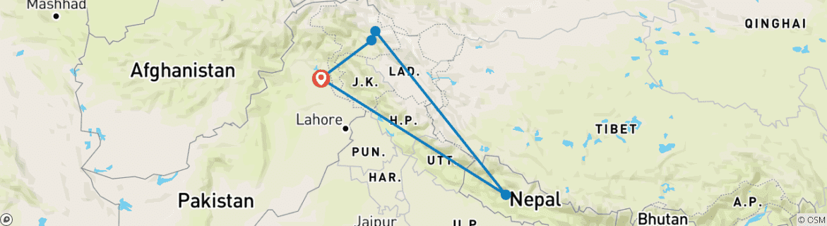 Image of a map showing the route of the tour