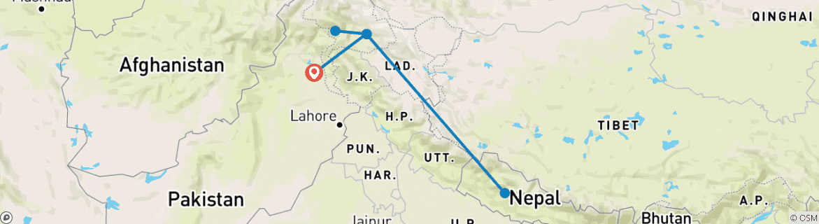 Image of a map showing the route of the tour