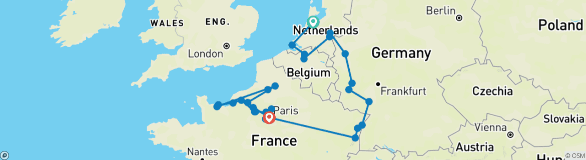 Image of a map showing the route of the tour