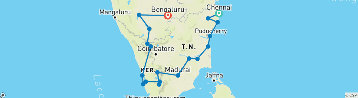 Carte du circuit Les pistes de l'Inde du Sud par G Experiences