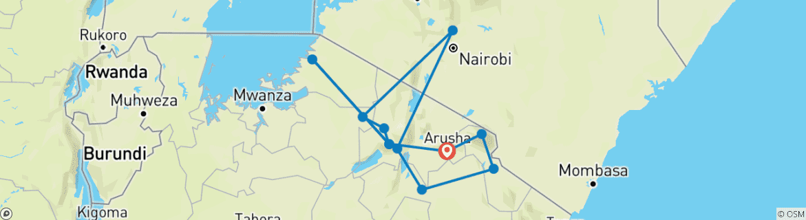 Image of a map showing the route of the tour