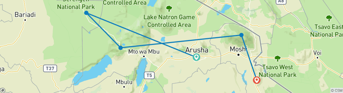 Image of a map showing the route of the tour