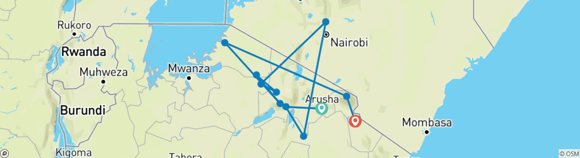 Image of a map showing the route of the tour