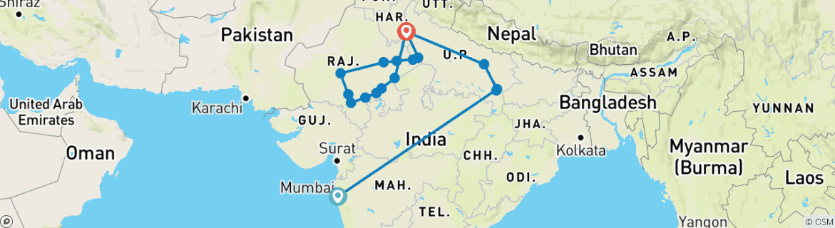 Carte du circuit Ranthambore Tiger Trails et l'Inde culturelle par G Experiences