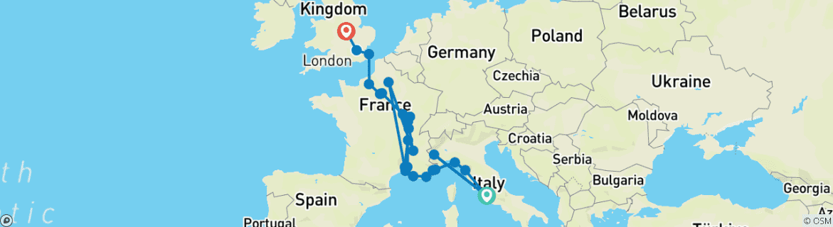 Karte von Von Italien bis Frankreich mit London (von Rom bis Leicester)