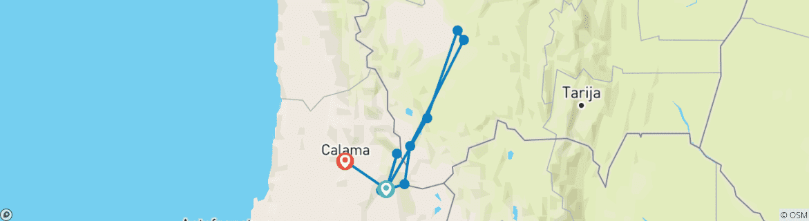 Image of a map showing the route of the tour