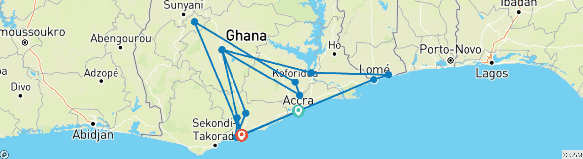 Image of a map showing the route of the tour