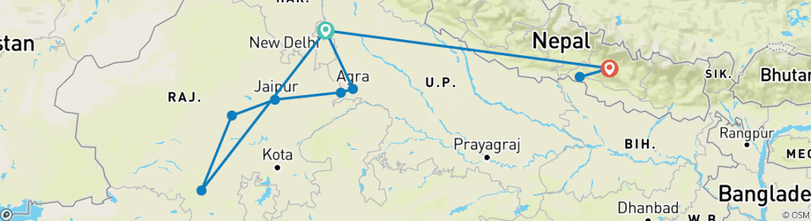 Image of a map showing the route of the tour