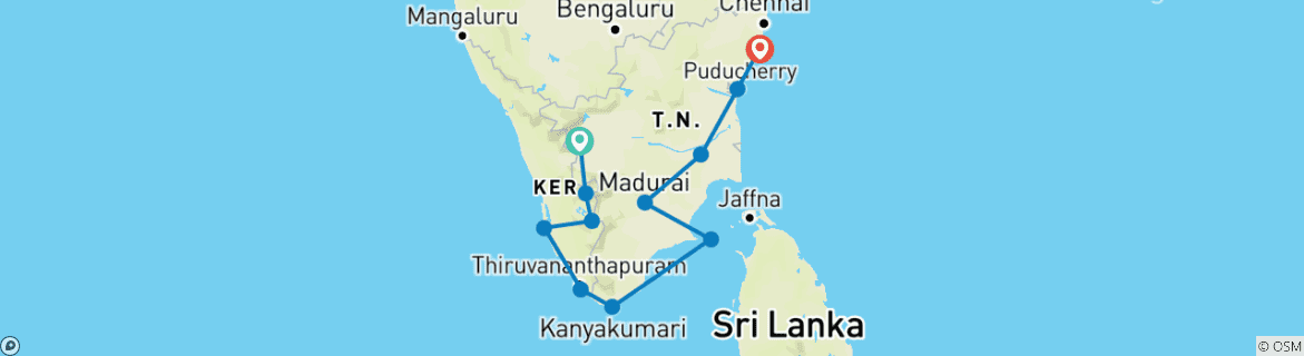 Image of a map showing the route of the tour