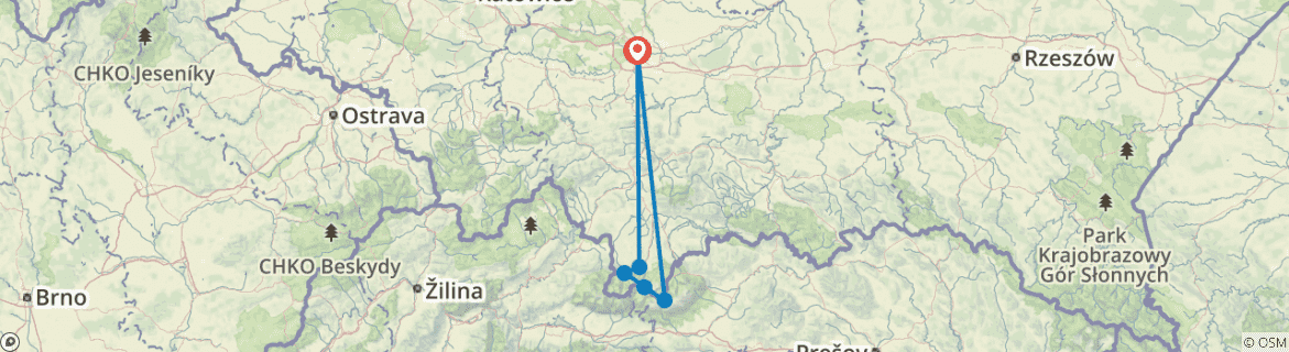 Image of a map showing the route of the tour