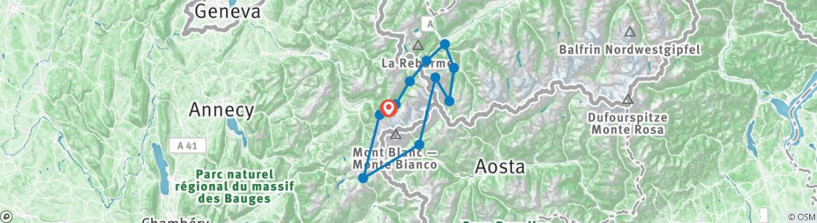 Image of a map showing the route of the tour