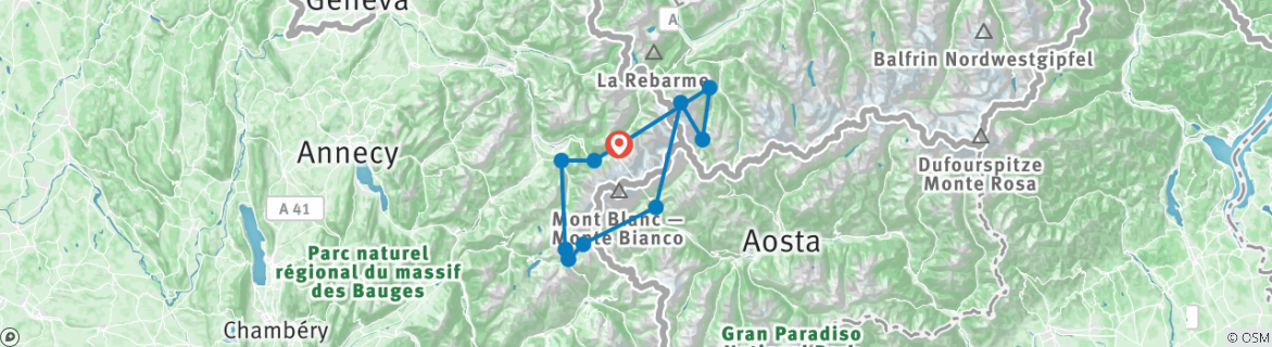 Image of a map showing the route of the tour