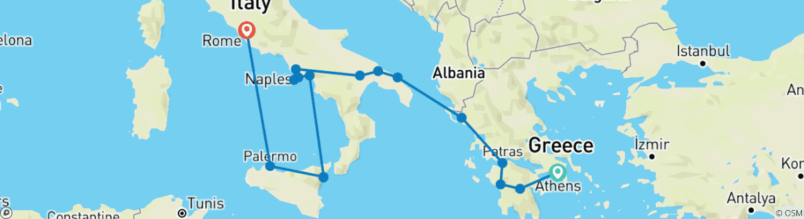 Karte von Athen, Halbinsel und Sizilien bis Rom