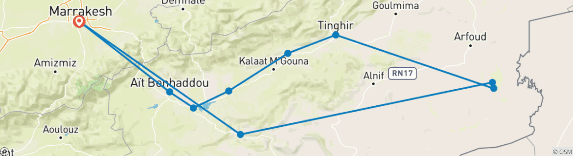 Image of a map showing the route of the tour