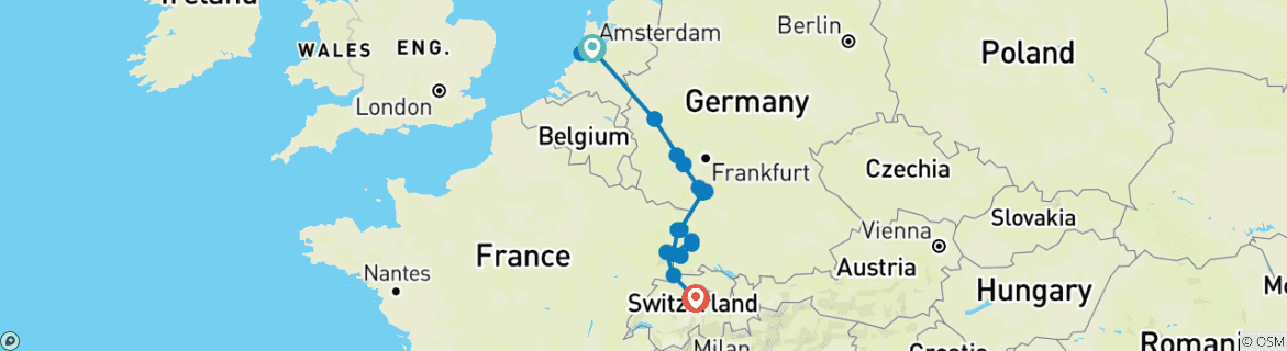 Image of a map showing the route of the tour