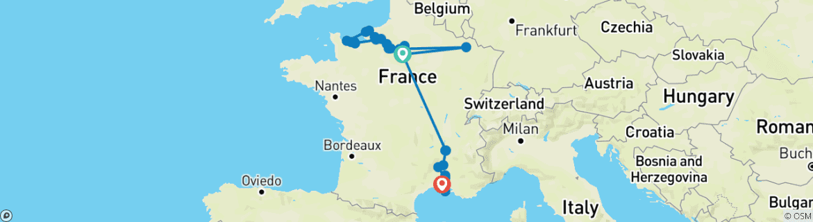 Image of a map showing the route of the tour