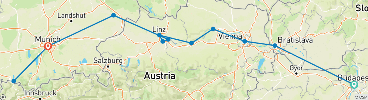 Image of a map showing the route of the tour