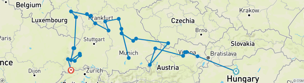 Image of a map showing the route of the tour