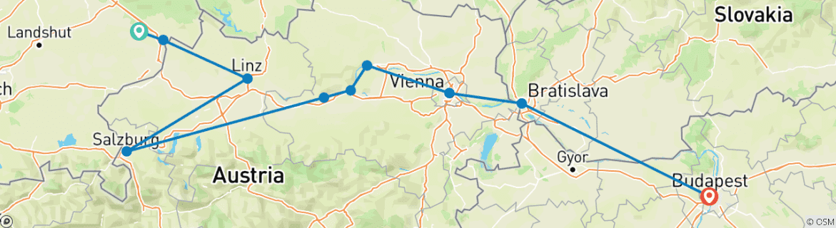 Image of a map showing the route of the tour
