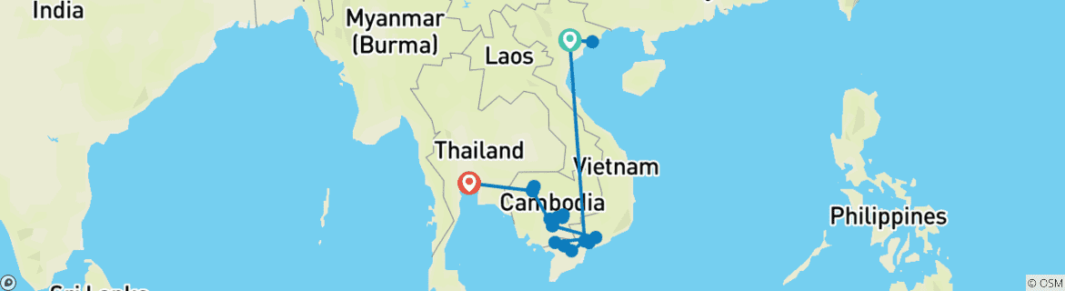 Carte du circuit Fascinant Vietnam, Cambodge et Mékong avec Hanoi, Ha Long Bay et Bangkok (vers le nord)