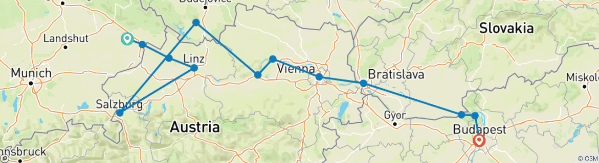 Image of a map showing the route of the tour
