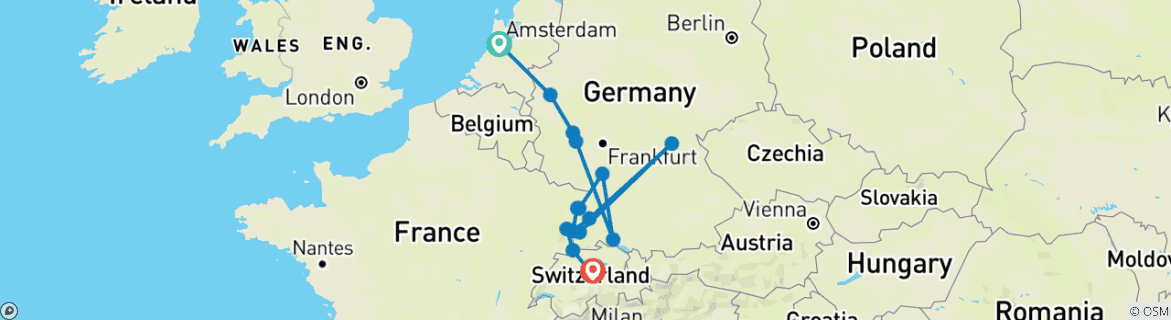 Image of a map showing the route of the tour