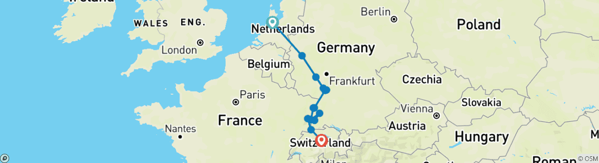Image of a map showing the route of the tour