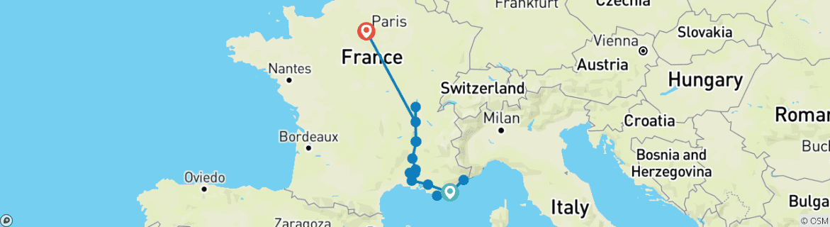 Image of a map showing the route of the tour