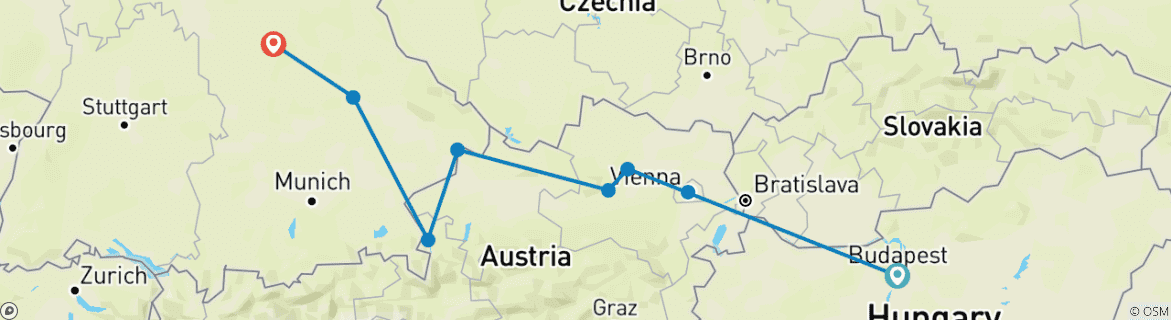 Image of a map showing the route of the tour