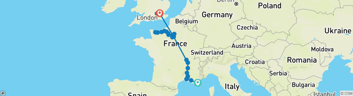 Image of a map showing the route of the tour