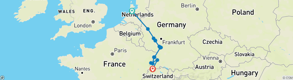 Image of a map showing the route of the tour